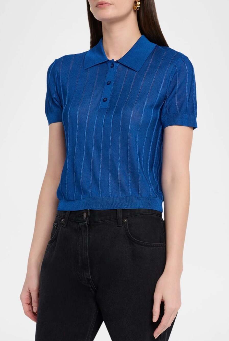 FRAME Blue Ribbed Knit Short Sleeve Polo Shirt